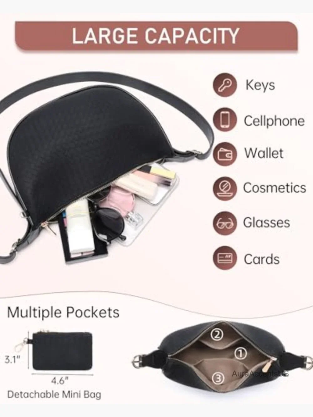 Woven Crescent Shoulder Bag with Detachable Pouch Vegan Leather Hobo Crossbody